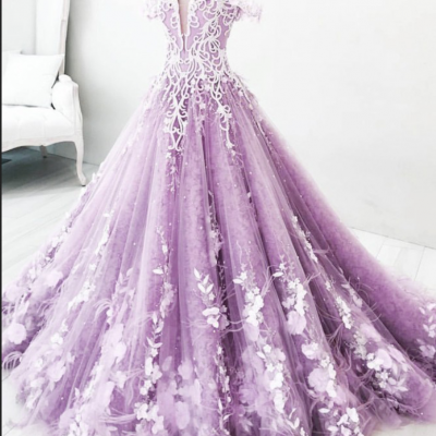 Ball Gown Off-the-Shoulder Lilac Tulle Appliques Prom Dress,Floor Length Ball Gown Evening Dress,Tulle Party Dress