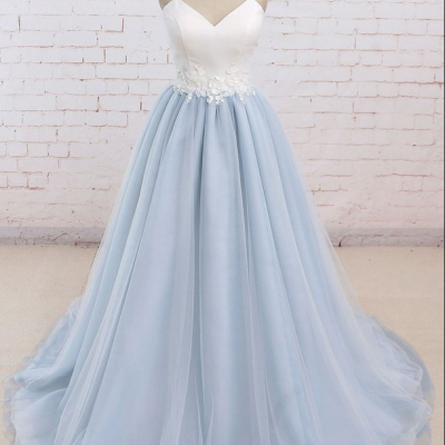 Baby Blue Sweet A line Spaghetti strap Long Simple Flower Lace Prom Dress