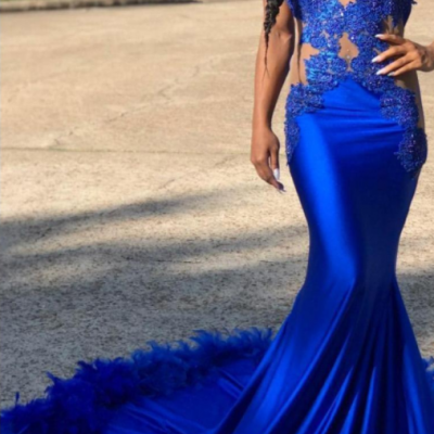 Royal Blue Prom Dresses For Black Girl Sexy Lace Appliques Feather Court Train Long Mermaid Special Occasion Evening Dress Formal Wear