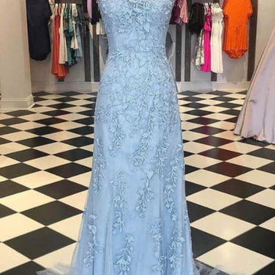  Beautiful Sleeveless Spaghetti Straps Mermaid Prom Dress,Chic Lace Appliques Open Back Prom Dress.