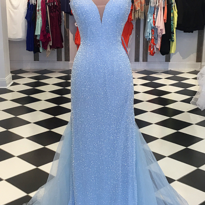 Gorgeous Blue Spaghetti Strap Plunging V neck Mermaid Evening Prom Dress with Sequins 