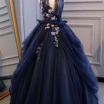  Ball Gown Blue Tulle Lace Long Prom Dresses Deep V Neck Backless Evening Dresses