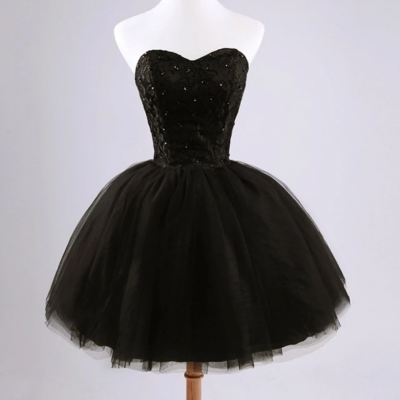 Black Short Lace And Tulle Homecoming Dress, Sweetheart Short Prom Dress