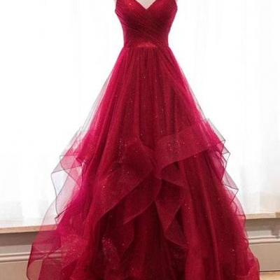 Princess Straps Red Long Ball Gown,V-neck Tulle Prom Dress
