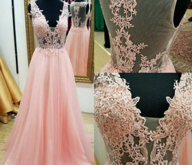 A-line V-neck Appliques Blush Long Prom Dress Tulle Backless Pageant Gown MP741