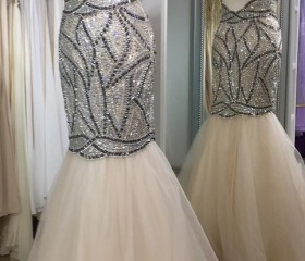 Mermaid Light Champagne Tulle High Neck Beading Evening Gown JTE147 main image 1