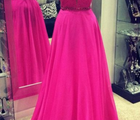 A Line V Neck Pink Chiffon Prom Dress with Appliques LBQ0243 main image 1