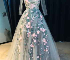 Beautiful Sheer Neck Long Tulle Prom Dress with Flowers, A Line Cap Sleeves Party Dresses UQ2453 main image 1