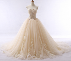 Lovely Tulle Champagne Long Party Dress with Lace Applique, Prom Gown