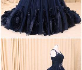 Blue Tulle Long Prom Dresses, V-Neck Evening Dresses with Lace Applique main image 0