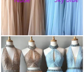Princess A-Line Halter Neck Sequin Embroidered Tiered Tulle Long Prom Dress Evening Dress