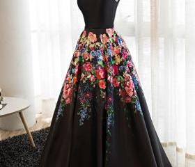 Black Floral Satin V-neckline Prom Dress, Charming Formal Gown, Party ...
