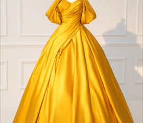 Yellow Satin A-line Long Prom Dress with Sleeves, Yellow Floor Length Evening Dress Party Dress main image 1