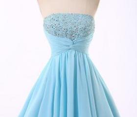 Light Blue Short Homecoming Dress With Beaded Bodice And Ruched Sash on ...