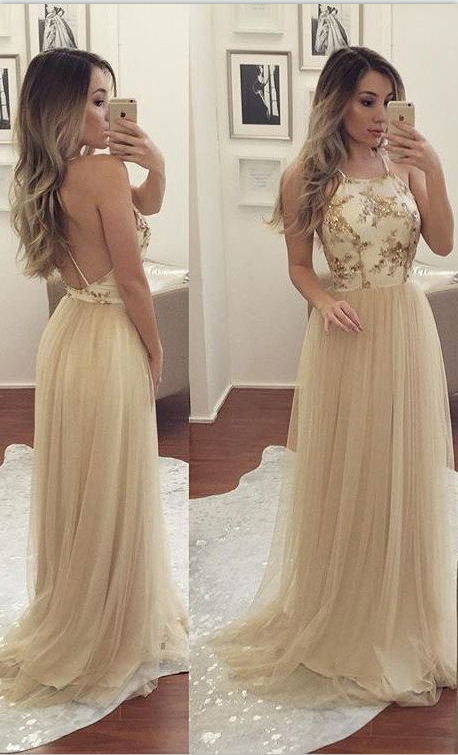Simple Champagne Tulle Prom Dresses,long Prom Dresses,evening Dress,prom Gowns,backless Prom Dresses For Teens,prom Dresses