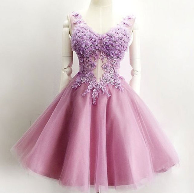 Lilac Homecoming Dresses,tulle Homecoming Dress With Appliques, V-neck Homecoming Dresses,short Hoco Dresses,short Homecoming Dress,mini Prom
