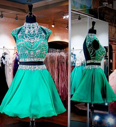 Green High Neck Homecoming Dresses, Two Pieces Rhinestone Homecoming Dresses, Open Back Chiffon Homecoming Dresses, Short Prom Dresses, Hote