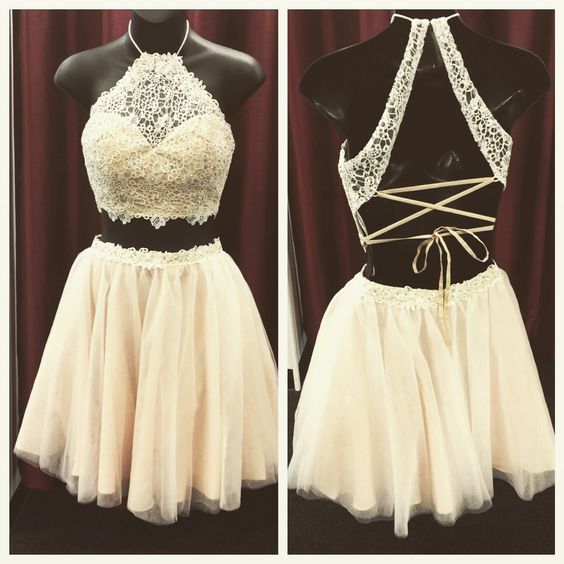 Two Pieces Lace Homecoming Dresses, Tulle Homecoming Dresses, Halter Homecoming Dresses, Retro Homecoming Dresses, Short Prom Dresses, Homecoming