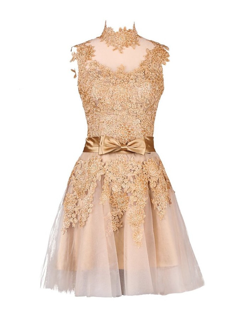 Champagne Graduation Dresses Short Vestido de Festa Branco E Preto High Collar Lace Appliqued Dresses For Homecoming