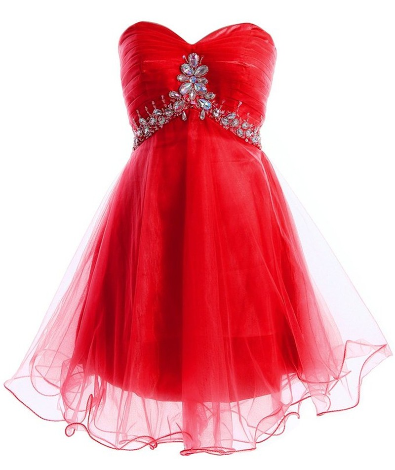 Red Ruched Sweetheart Short Tulle Homecoming Dress Featuring Crystal Embellishments