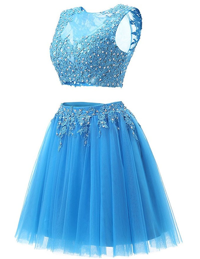 Short Junior Prom Dress Vestido De Graduacion Mujer Cortos Blue Two Pieces Homecoming Dresses