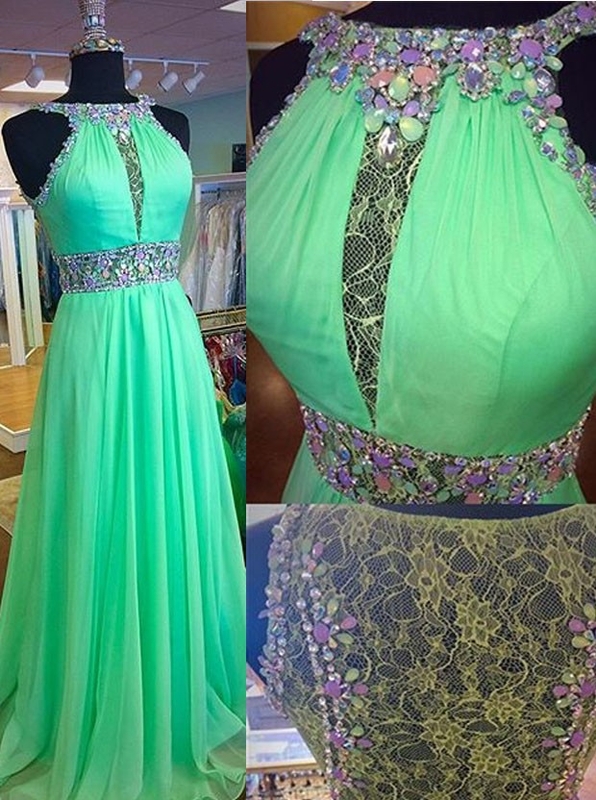 Lace Chiffon Green A-line Sleeveless Prom Dress,evening Dresses