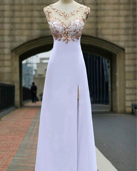 White Sheer Beaded Chiffon A-line Floor-length Prom Dress, Evening Dress Featuring Open Back And Side Slit