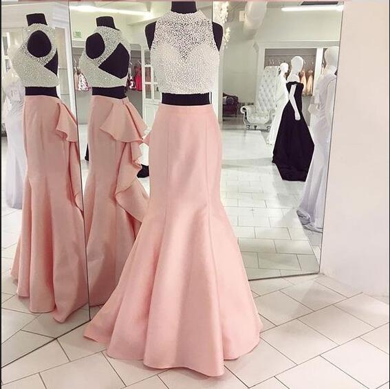 Two Pieces Satin Prom Dresses Pink Crystals Two Pieces Halter Neck Women Dresses