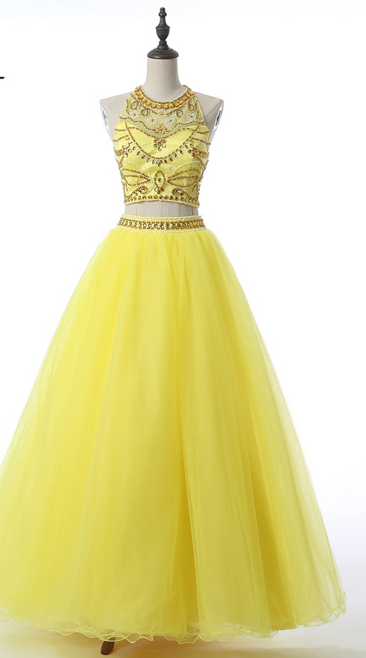 Two Pieces Prom Dresses Halter Sleeve Party Birthday Dress Crystal Rhinestone Long Prom Dress