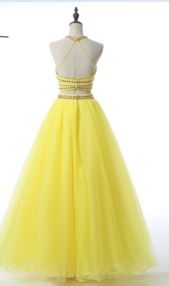 Two Pieces Prom Dresses Halter Sleeve Party Birthday Dress Crystal