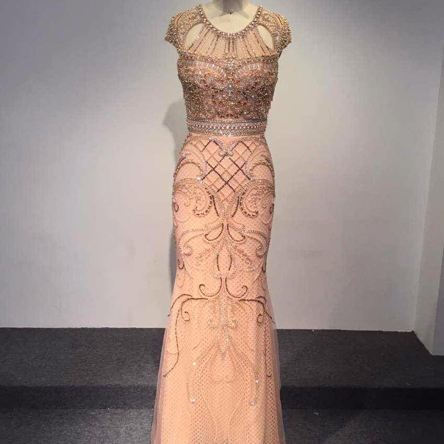 New Halte Mermaid Prom Dress Luxurious Beaded Cap Sleeve Prom Gown