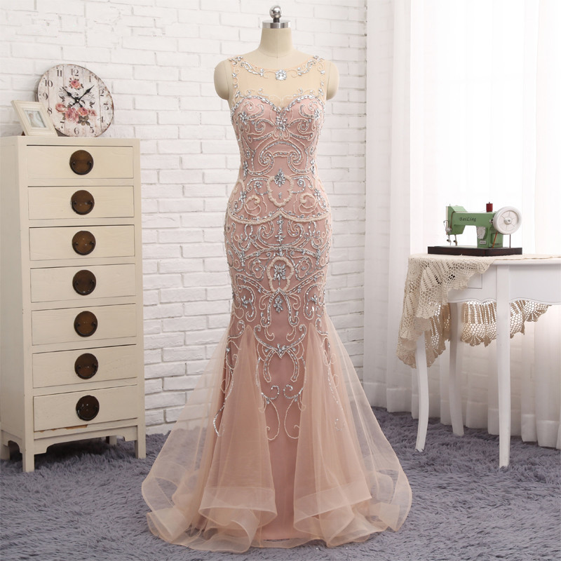 Mermaid Dubai Long Evening Dresses Blush Crystal Beaded Pearl Sheer Prom Dress