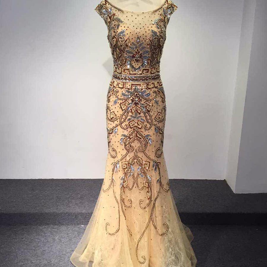New Fashion Dubai Arabic Luxury Mermaid Prom Dress Beaded Crystal O-Neck Cap Sleeve Prom Dress Sweep Train Evening Gown