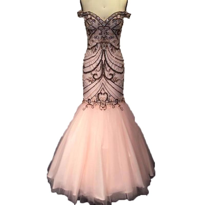 Fashion Mermaid Prom Dress Sweetheart Beaded Crystal Pink Prom Dresses Slim Graceful Evening Gown