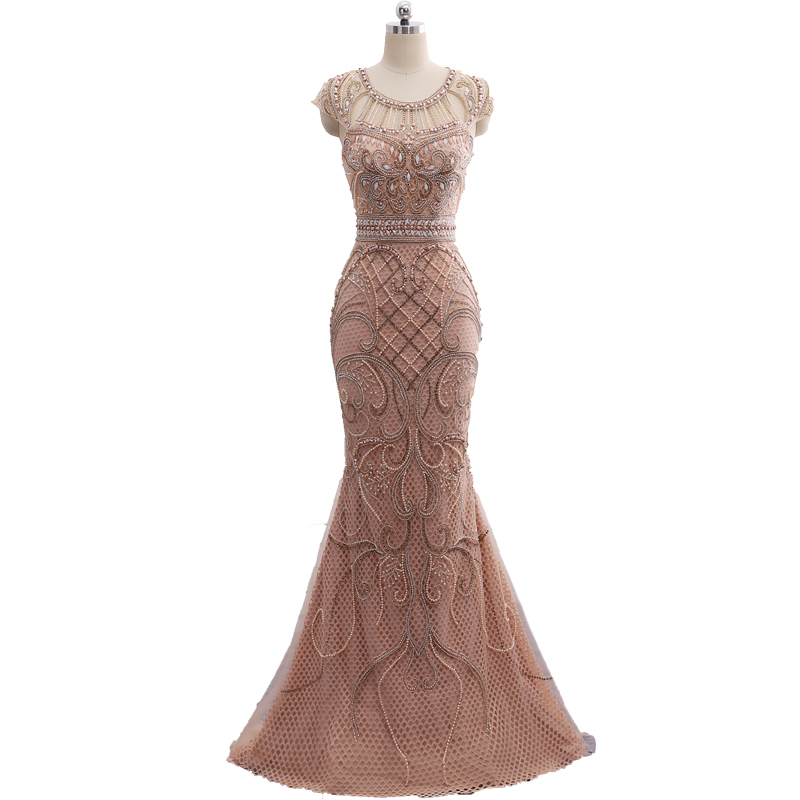 Champagne Color Party Occasion Formal Long Mermaid Evening Dress Heavy Beaded In Stock
