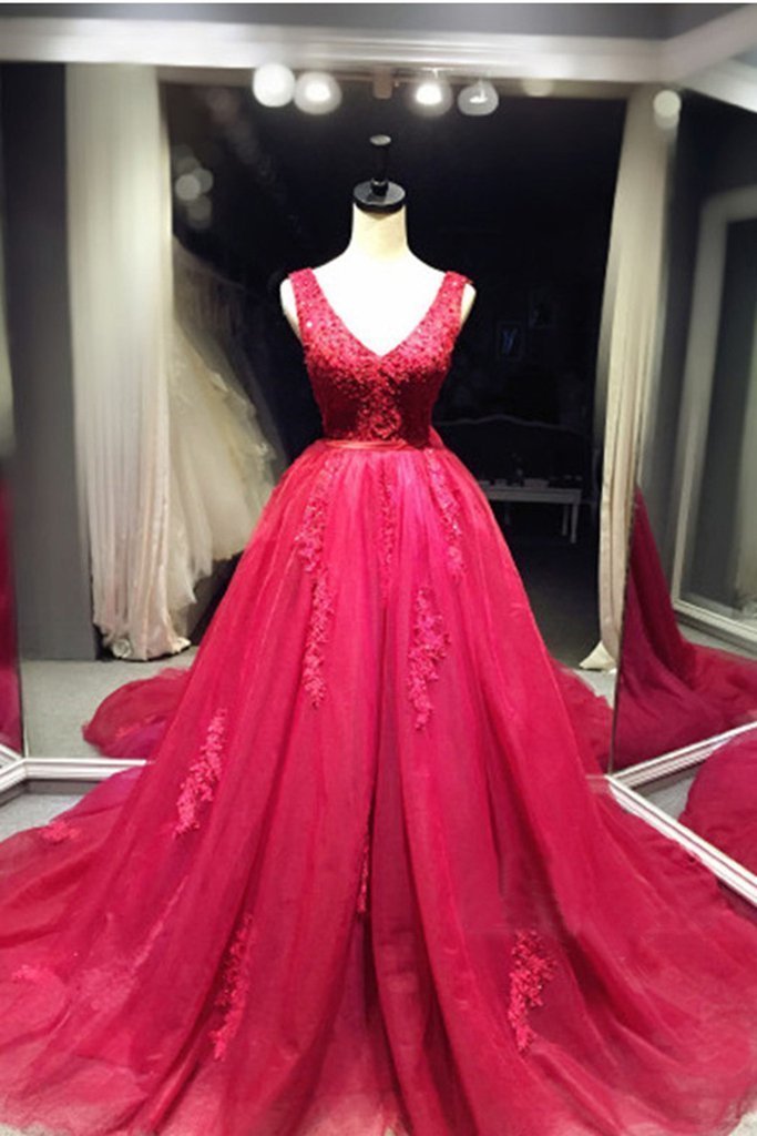 V-neck Ball Gown A-line Tulle Prom Dresses Lace Appliques Women Party Dresses