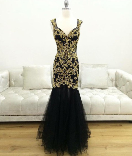 Mermaid Black Tulle Prom Dresses With Golden Appliques Women Dresses