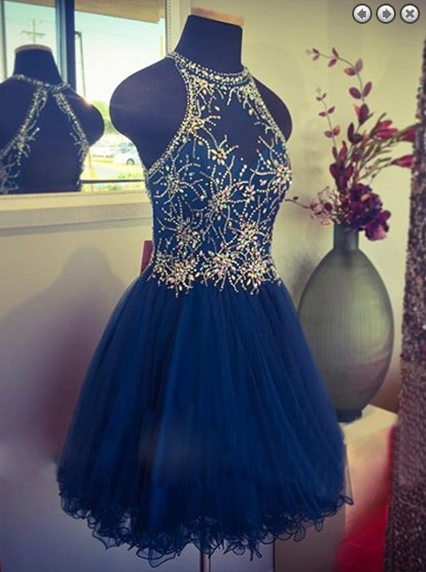 Tulle Prom Dress,crystal Luxury Navy Blue Prom Dress,beaded Party Gown,short Prom Gown