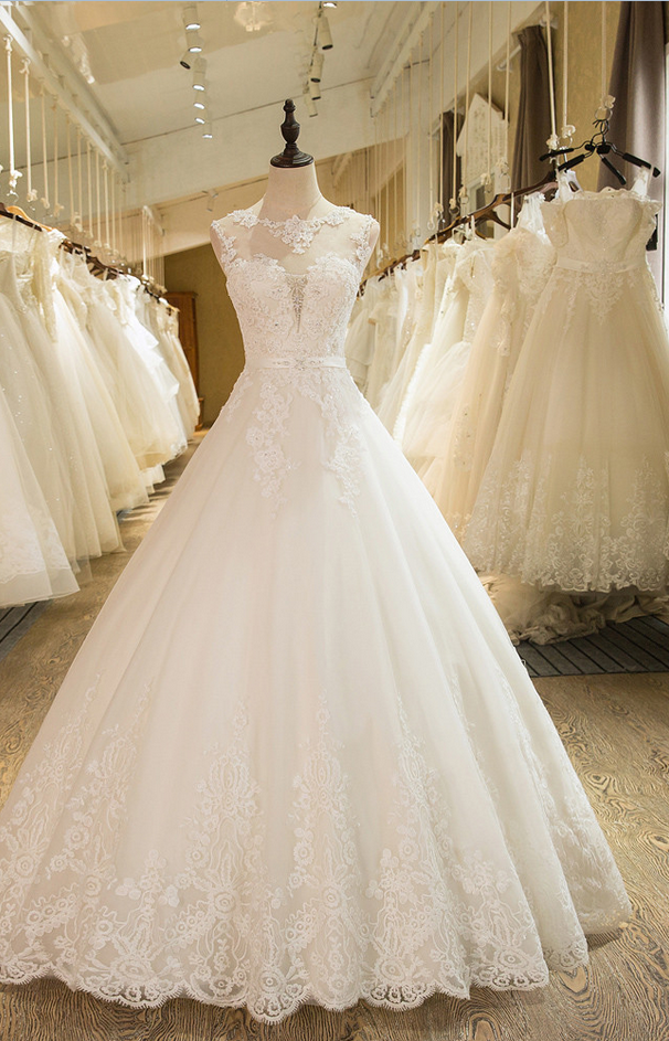 A-line Sleeveless Tulle Lace Appliques Wedding Dress