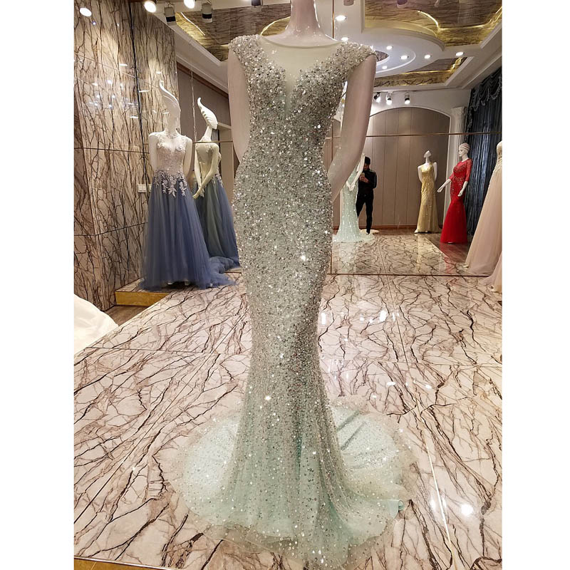 New Arrival luxurious Scoop Neck Floor-Length Mint Green Prom Dress Beaded Crystals Tulle Formal Mermaid Evening Dresses