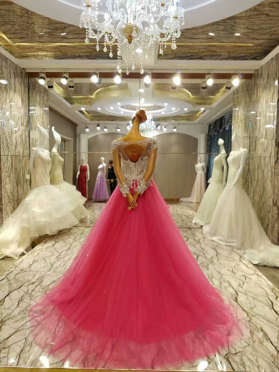 Rose Red Ball Gown Prom Dresses Romantic Long Sleeves Prom Gowns on Luulla