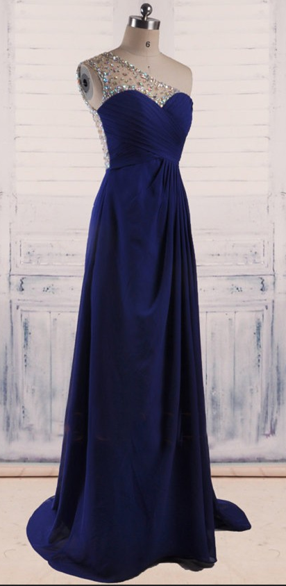 Dark Blue Chiffon Prom Dresses One Shoulder Crystals Women Party Dresses