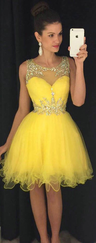 Bateau Neck Yellow Short Prom Dress, Sweet Illusion A-line Tulle Mini Prom Dress, Elegant Sleeveless Ruffles Prom Dress With Beads