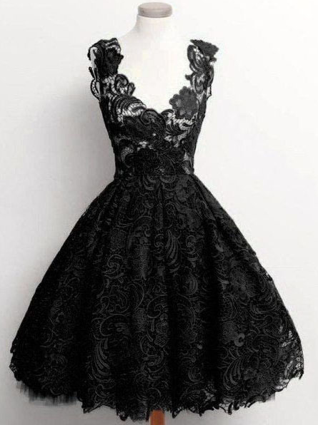 Vintage Black V-neck Short Prom Dress, Sexy See-through Lace Knee Length  Prom Dress, Sweet Princess on Luulla
