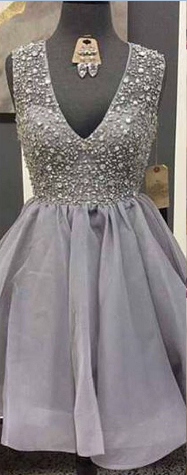 V-neck Organza Homecoming Dresses, Short Homecoming Dresses With Sparkly Beads, Gray Homecoming Dress With All Over Beaded Bodice