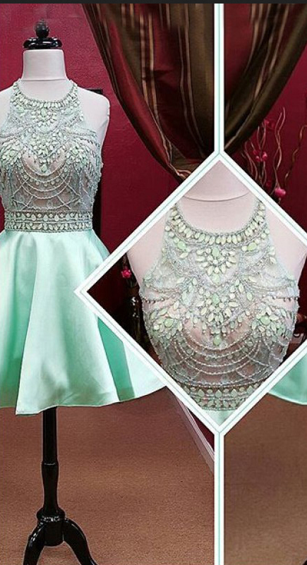 Homecoming Dresses With Rhinestone, Short Tulle Silk-like Satin Homecoming Dresses, Illusion Beaded Open Back Homecoming Dress