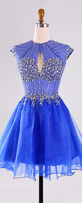 Open Back Prom Dresses With A Sexy Keyhole, Royal Blue Cap Sleeve Short Prom Gowns, High Neck Beaded Homecoming Dress