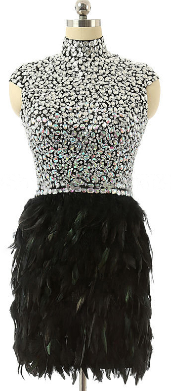 Short Cap Sleeve Homecoming Dresses, High Neck Black Tulle Prom Dresses With Feathers, Sexy Open Back Prom Dresses