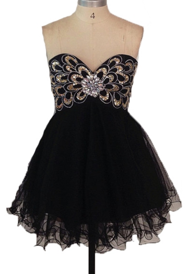 Vestido De Festa Ball Gown Sweetheart Sleeveless Gold Sequins Beaded Embroideried Short Mini Black Organza Homecoming Dress