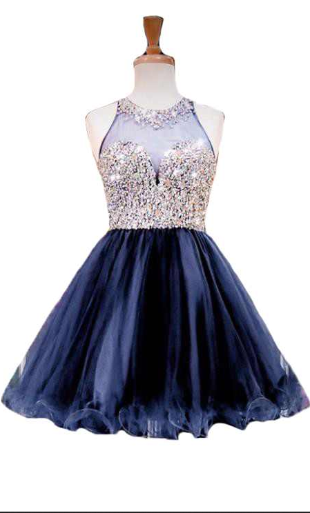 Homecoming Dresses Luxury Beaded Navy Blue Short Party Dresses Sweetheart  Sleeveless Illusion Ba on Luulla